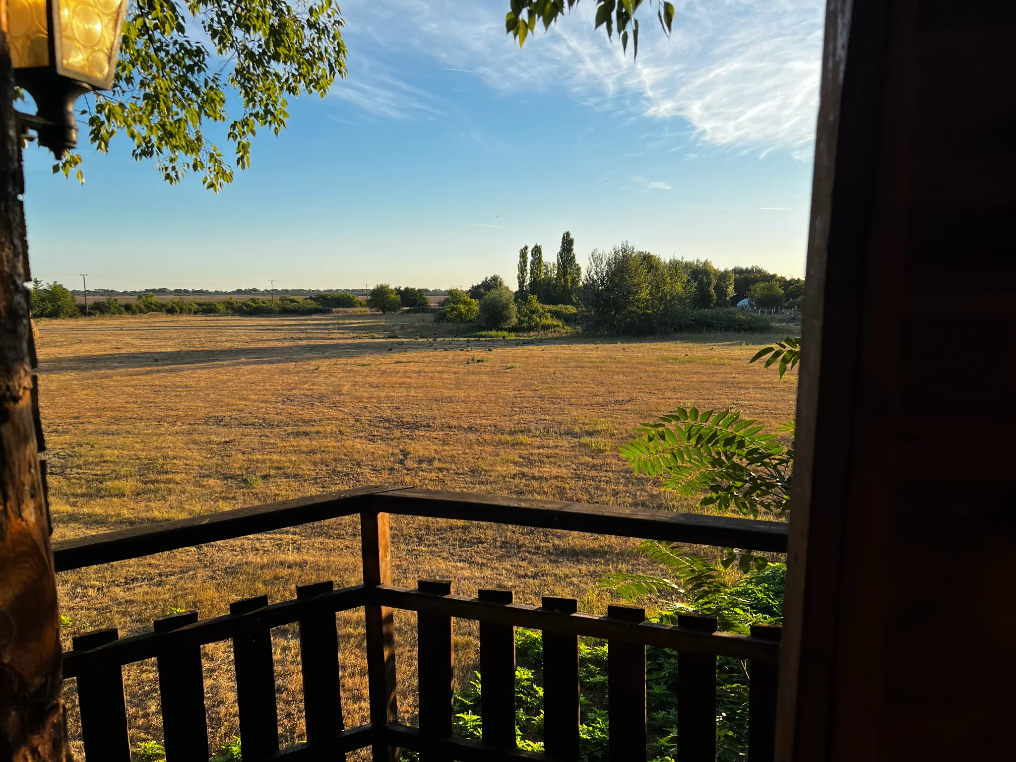 Open countryside seen from the treehouse balcony